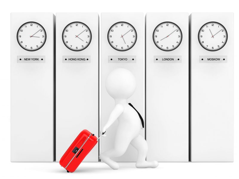 3d Person with Suitcase in front of Columns with Time Zone Clocks showing different time